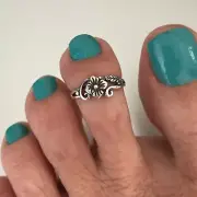 Sterling Silver Flower Toe Ring with Leaf and Swirl, Silver Rings, Leaf Ring