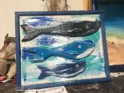 Whales on canvas by the Cape Cod woodcarver oil painting