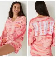 Vs Victorias Secret Pink Varsity Notch Crew Sweater Jacket Top Rose Tie Dye L