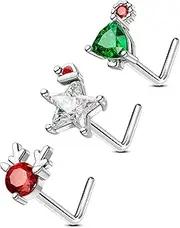 [OUFER] 3Pcs Nose Ring Stud, Shining Christmas 20G Nose Studs L shaped Cute Deer Star Tree Silver Stainless Steel Nose Rings Studs Nose Piercing Jewelry for Women Men-7MM