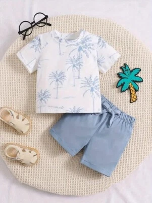 Shorts and T-shirt toddler set blue with coconut tree pattern