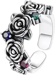 [TYMONT] Women's Fashion Sterling Silver Rose Ring,S925 Silver Vintage Thorns Rose Set Colored Gemstone Ring, Birthday Jewelry Gift