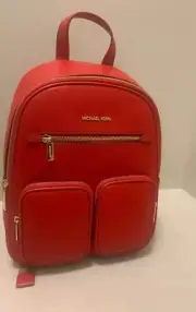 Michael Kors MK Medium Shoulder Travel Backpack- Bright Red Leather Bag Satchel