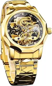 FORSINING Men's Skeleton Automatic Mechanical Watch with Diamond-Cut 12-Sided Bezel & Exposed Gears & Tourbillon Design, Unique Rhombus-Link Stainless Steel Bracelet Self-Wind Wristwatch