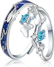 [BYETOCE] Matching Rings for Couples Set with 2 Rings Sterling Silver Matching Ocean Butterfly Promise Rings Cubic Zirconia Adjustable Romantic Couples Rings for His and Her Valentine's Day Gift