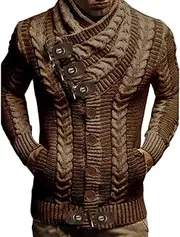 [Generic] Men's High Neck Cow Horn Buckle Patchwork Ribbed Knitted Cardigan Solid Color Casual Slim Fit Single Breasted Knitted Cardigan Jacket