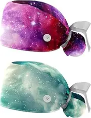 [YTYVAGT] 2-Pc,Nurse Scrub Caps,Scrub Hats with Buttons and Cotton Sweatband,Universe Galaxy and Nebula