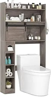 Giantex Over The Toilet Storage Cabinet, Farmhouse Bathroom Organizer Toilet Rack w/Sliding Barn Door, Adjustable Shelves, Toilet Paper Holder & 2 Hooks, Freestanding Toilet Space Saver (Grey)
