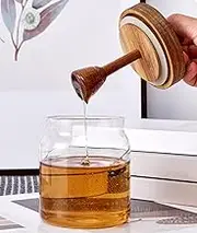 TINGJUNN Glass Honey Jar with Wooden Scoop and Lid, 16 oz Honey Jar for Home Kitchen Storage of Honey Syrup Hive Honey