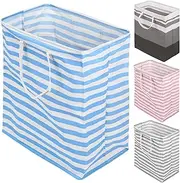 1 Pack 100L Large Collapsible Laundry Basket Hamper with Sturdy Handles, Freestanding Laundry Basket Blue Stripe Laundry Hamper for Laundry, Bedroom, Dorm, Toys, Storage