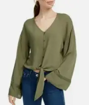 NWT FRESHMAN BURNT OLIVE GREEN M BUTTON DOWN CROCHET FLARE KNOTTED BOHO CROP TOP