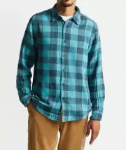 BRIXTON Men's L/S Button Flannel Shirt BOWERY - Teal - Medium - NWT