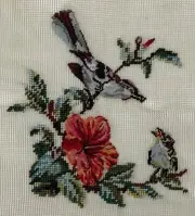 Preworked TWO BIRDS & FLOWER Needlepoint Canvas Petit Point 7.75" x 8.5" 3095