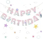 GLGHMH Mermaid Happy Birthday Banner, Birthday Party Decorations for Girls, Mermaid Theme Birthday Party Supplies for Home Table Outdoor (YLPDTZ-001)