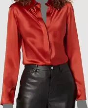 $395 Vince Women's Red Silk Bias Cut Long Sleeve Button-Up Blouse Top Size XXS