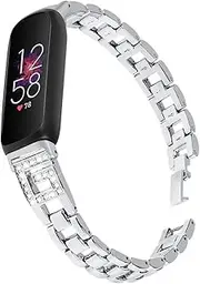 Stainless Steel Band Intended for Fitbit Inspire 3 Smartwatch for Women Girls, Special G - shaped Rhinestone Bling Metal Band Replacement Wristbands Strap for Fitbit Inspire 3 (Silver)