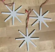 3 GLITTERY WHITE WOODEN SNOWFLAKE ORNAMENTS! 4” #2