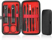 Manicure Set Nail Clippers Care Tools Stainless Steel Professional Grooming Tools with Leather Travel Case 10 in 1 Black