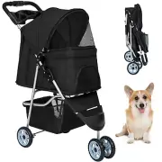 Pet Stroller Cat Dog Cage 3 Wheels Stroller Travel Folding Carrier w/ Cup Holder