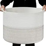 Eblog Large Cotton Rope Storage Basket, 22''x 22''x 14'' Woven Blanket Bin with Handle, Black Stitches