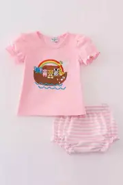 Girl's Boutique Pink Noah's Ark Applique Embroidered Bloomer Set Outfit Matching