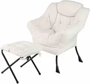 Costway Lazy Chair with Ottoman, Modern Accent Chair with Folding Footrest, Head Pillow, Armrests, Storage Pocket, Upholstered Sherpa Reading Chair for Living Room, Bedroom, Office, Balcony (Beige)