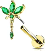 [OUFER] 16G Gold Flower Conch Piercing Threadless Earring Surgical Steel 316L Cartilage Ear Piercing Green Dangle Marquise CZ Helix Tragus Jewellery for Women 6/8 mm Lip Stud