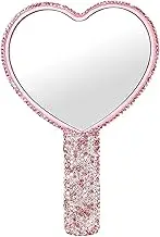 Heart Mirror, Sparkling Rhinestone HD Glass Handheld Mirror, 4.3x6.5 Inch Portable Cute Hand for Women & Girls