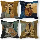 Abstract Linen Throw Pillow Case Set of 4, 18 X 18 Inch, Funny Cat Pillow, Child