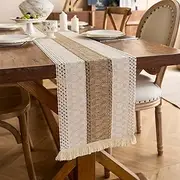 Table Runner, Natural Hessian Dining Table Runner Rustic Cotton Linen with Tassels Home Holiday Party Decor Table Centrepiece Fireplace Mantle Runner 30cm/12inch Width (S1, 180cm/72in)