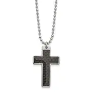Stainless Steel Chisel Polished With Black Carbon Fiber Inlay Cross Pendant On A 20 Inch Ball Chain Necklace