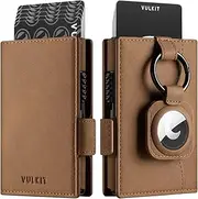 [VULKIT] Card Holder Wallet with Airtag Holder & ID Window Pop Up Slim Leather Wallet RFID Blocking Magnetic Closure for Credit Cards and Cash Amber Brown