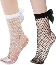 [MKYSZLT] 2 Pairs Fishnet Sheer Ankle Socks with Satin Bow Mesh Net Socks Elastic Black and White Hollow Out Short Socks for Women and Girls, Black + White, One Size
