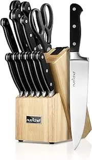 13 Piece Kitchen Knife Set - German Stainless Steel Kitchen Precision Knives Set w/ 6 Steak Knives & Bonus Scissors, Wooden Block Stand w/Sharpener - Slicing, Chopping, Dicing - NCKNS13