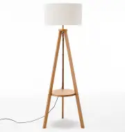 New Oriental Natural Rubberwood Tripod Floor Lamp with Round Shelf and Off White Linen Shade