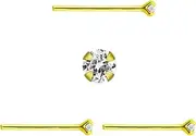 [DENI] 3 Nose Studs, Straight Stem Made of Silver, Gold, Large Round Zirconia Stone, 2.5 mm, Impressive Shine, Fine Stem 0.6 mm, 10 mm Largo, Silver, No Gemstone, 10mm largo, Silver, No Gemstone