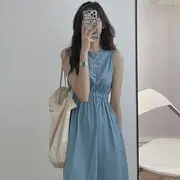 Sleeveless Crew Neck Plain Patch Pocket Midi A-Line Dress Blue - L