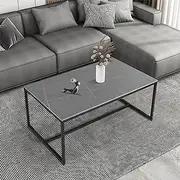 Coffee Table Rectangular Grey High-end Sofa Table Genuine Sintered Stone Table Marble Table Texture Top with Matt Black Metal Frame Modern Coffee Table Rectangular Center Tables for Living Room