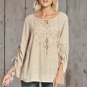 ARIAT Women’s XL Warrior Tunic Top Pull String Sleeves Beige Tori Print Boho NEW