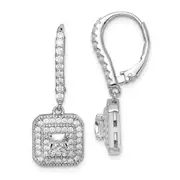 Sterling Silver Rhodium-Plated Polished Cz Square Leverback Earrings