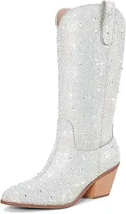 [RONILURN] Women Cowboy Boots Cowgirl Rhinestone Mid Calf Western Boots Sparkly Glitter Boots Bling Pointed Toe Chunky Heel Side Zippers Pull On