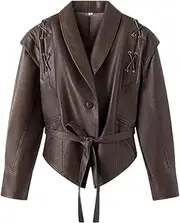 [Generic] Women's Solid Color Pu Motorcycle Jacket Loose Imitation Leather Retro V-Neck Short Long Sleeved Leather Jacket