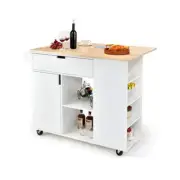 Drop Leaf Rolling Kitchen Island With Rubber Wood Top And Drawer White