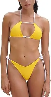[SWIMBALI] Bella Bikini Set Halter Neck Tie Back Cut Out Top & Tie Side V Bottom Yellow Size M, Squeeze, Medium