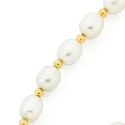 9ct Gold, 19cm Cultured Fresh Water Rice Pearl Rondell Bracelet With Filigree Clasp in White