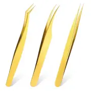 3 PCS Lash Tweezers for Eyelash Extensions, High Precision Gold Metal Tweezer...