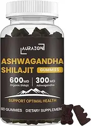 Aurazon pure Himalayan Shilajit Ashwagandha High Strength Gummies Relax,Restore & Mixed Vegan, Plant Based, Non-GMO, Gluten-Free & Gelatin,One Month Supply for Both Men and Women