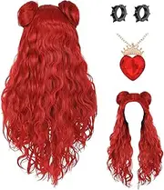 znutc Descendant 4 Long Red Wigs for Girls, Halloween Curly Wigs with Necklace and Earrings, Fancy Dress Wavy Wigs Cosplay Costume Accessories, for Kids