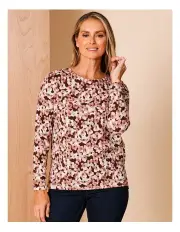 [Regatta] Recycled Polyester Long Sleeve Soft Touch Tee With Side Splits In Burgandy Ground Abstract Poppys