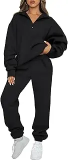[LeoLeozz] Women's Sweatsuits 2 Piece Outfits Long Sleeve Half Zip Pullover and Baggy Sweatpants with Pockets (Small,Black)